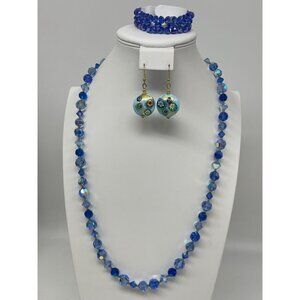 Shades Of Blue Glass Jewelry Bead Necklace Stretch Bracelet & Millefiori Drop Ea